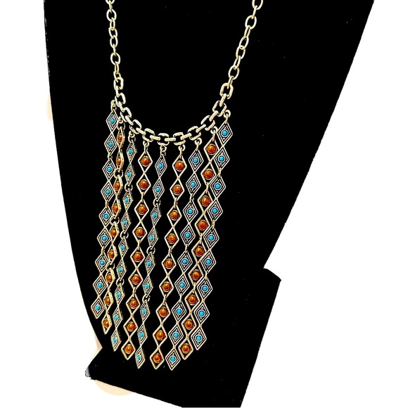 PREMIER DESIGNS Reversible Turquoise & Tigers Eye Silver Fringe Necklace | NWT - Picture 3 of 8